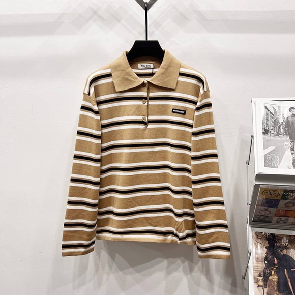 Miu Miu Beige and White Striped Polo Shirt - Picture 1 of 7